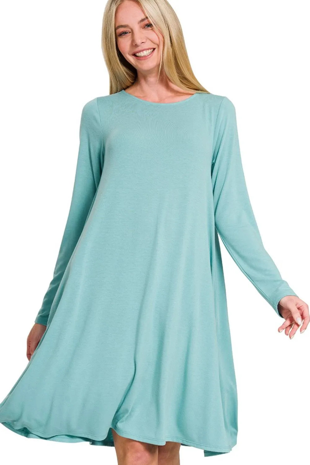 Zenana Long Sleeve Flare Dress With Pockets DUSTY TEAL