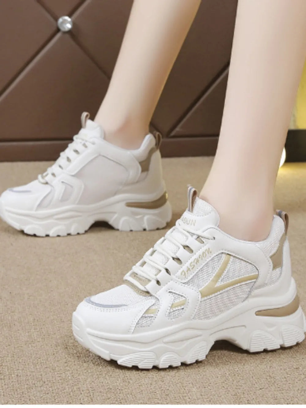 Mesh Lace Up Platform Sneakers Beige