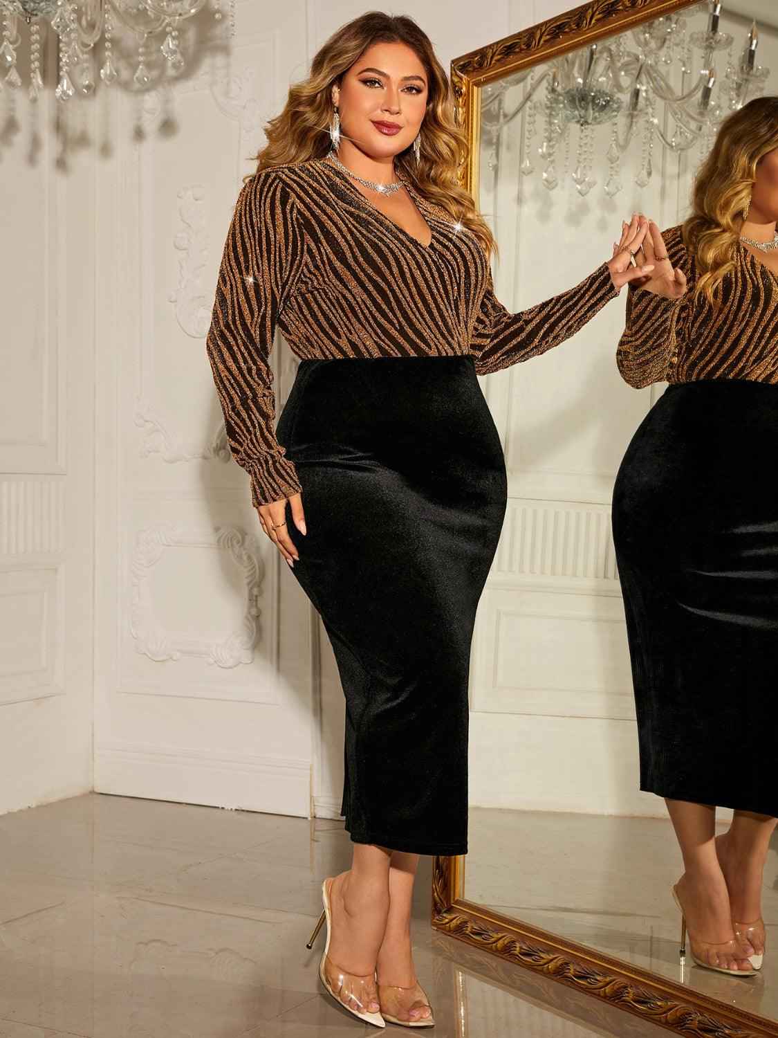 Plus Size Slit Dress - Trendy Long Sleeve Surplice Neck Women's Clothing