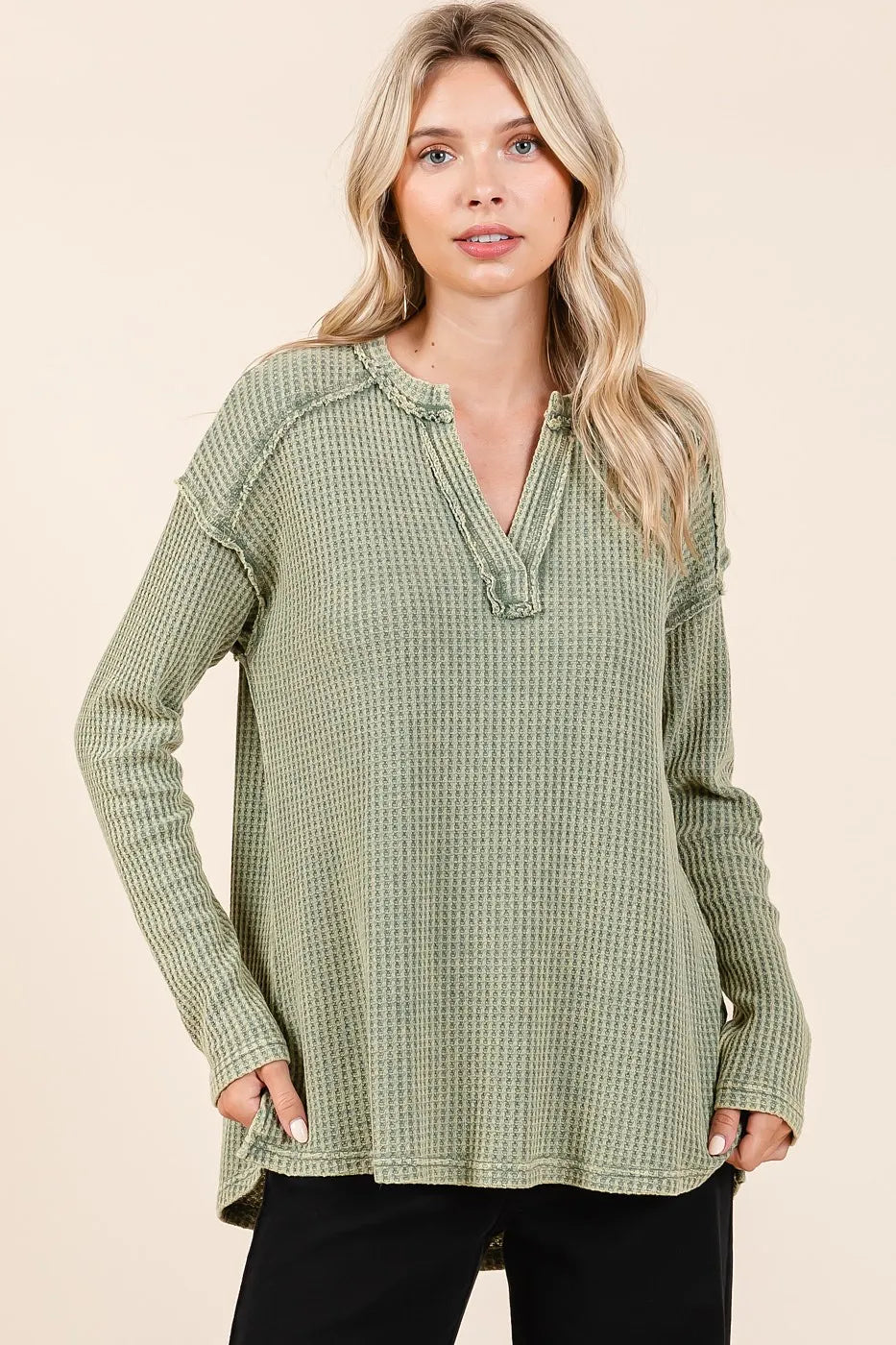 Mittoshop Mineral Wash Waffle Knit V-Neck Long Sleeve Top