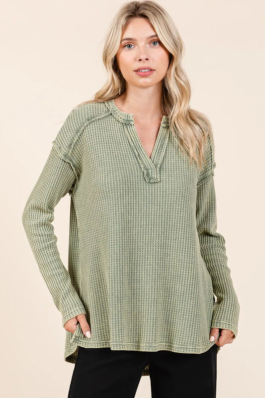 Mittoshop Mineral Wash Waffle Knit V-Neck Long Sleeve Top