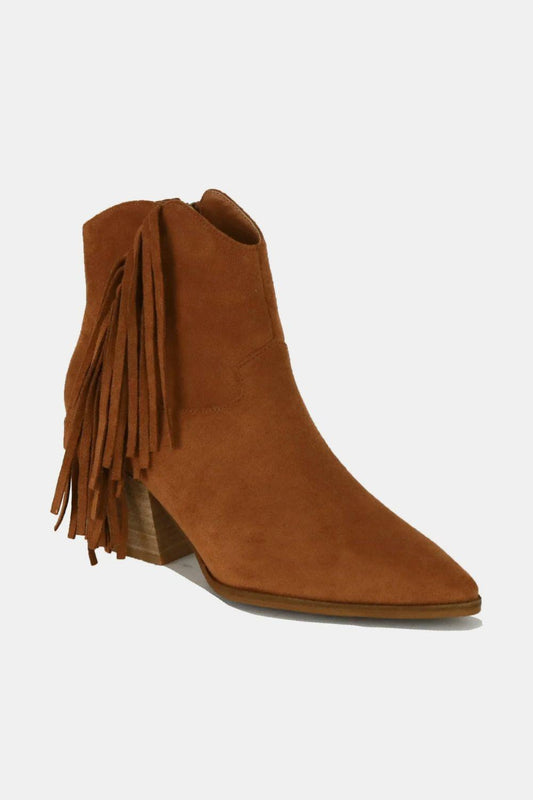Beast Fashion Suede Fringe Point Toe Ankle Boots Caramel
