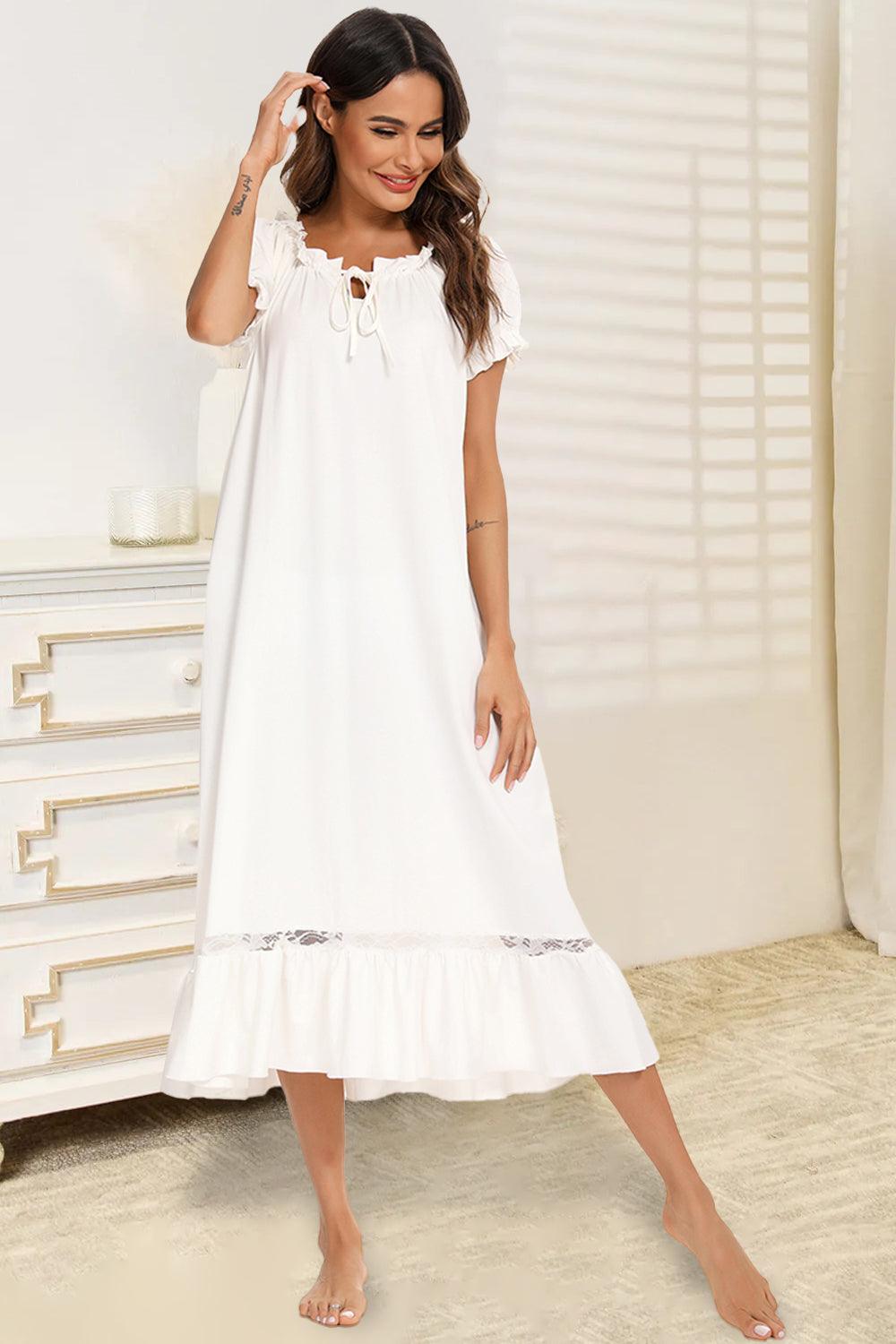 Lace Detail Short Sleeve Lounge Dress White
