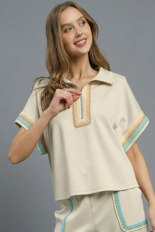 Umgee Contrast Trim Half Zip Collared Blouse Beige
