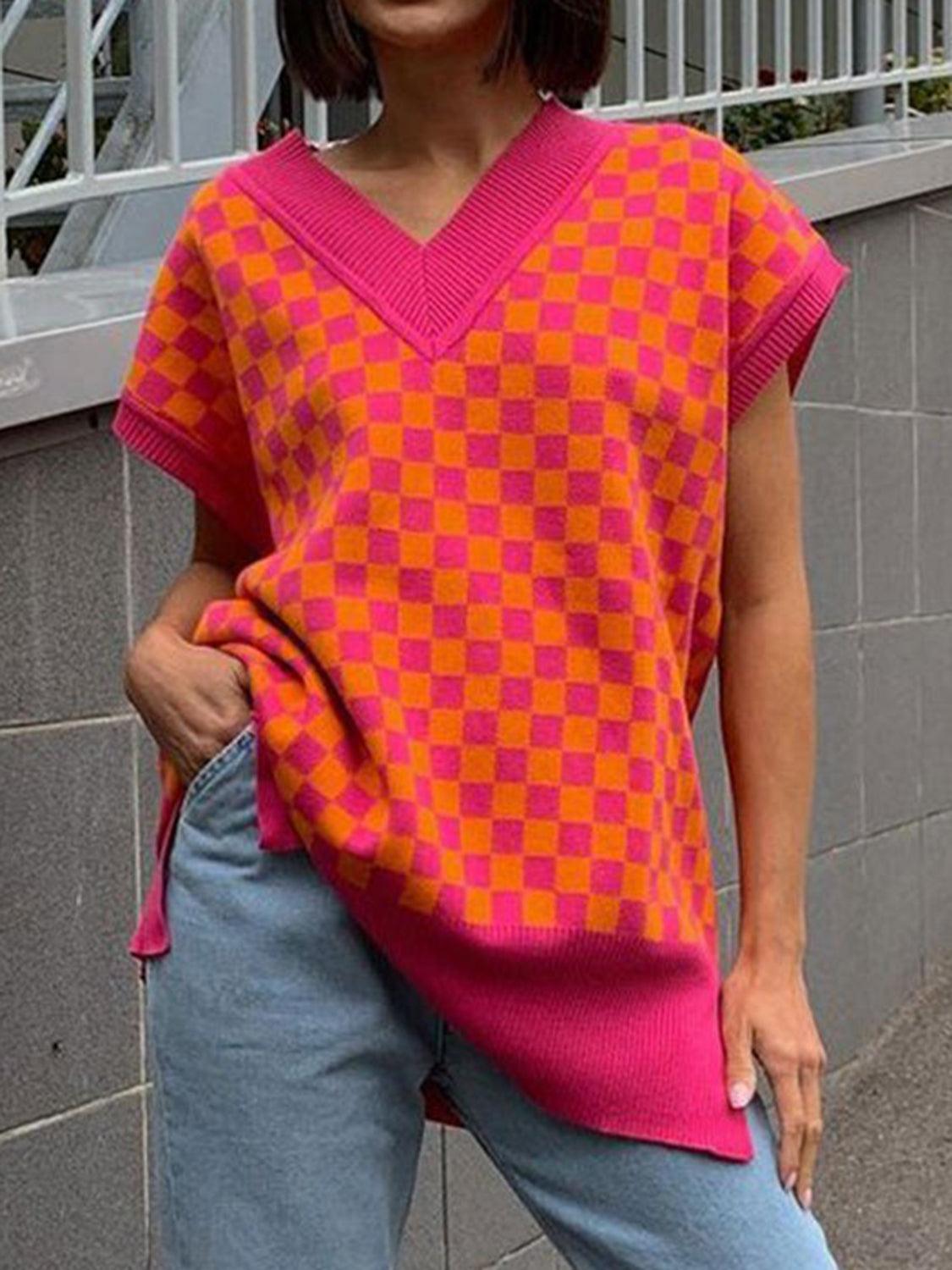 Full Size Checkered V-Neck Sweater with Cap Sleeves Strawberry