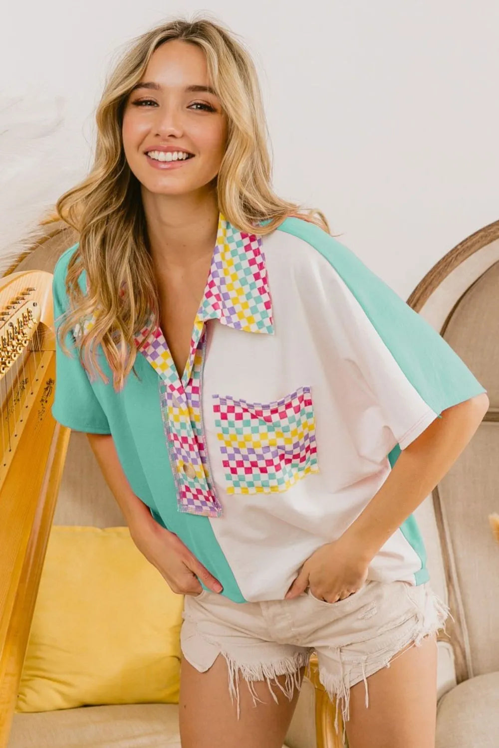 BiBi Color Block Knit with Multi Checker Contrast Top MINT