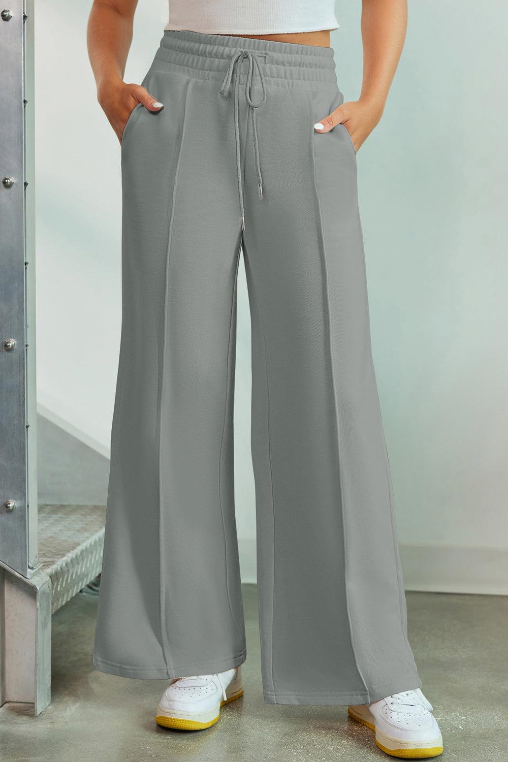 Drawstring Wide Leg Pants with Pockets Sage
