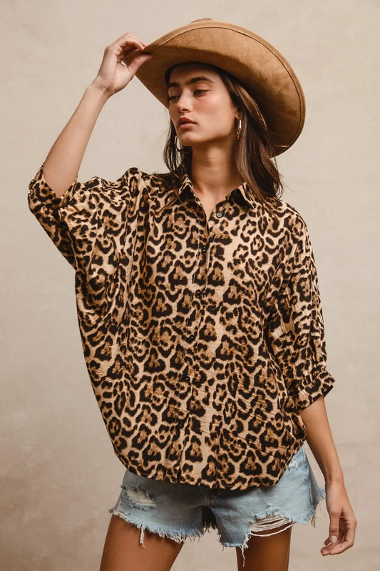 BiBi Leopard Prints Overseized Short Sleeves Top
