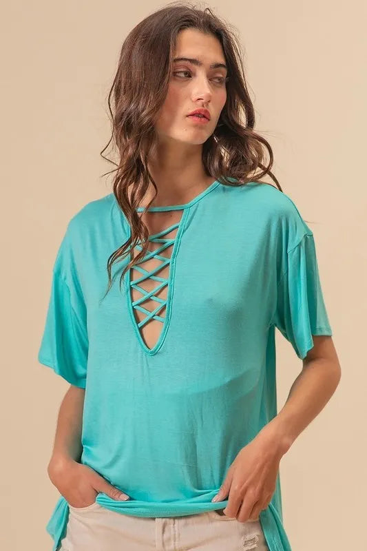 BiBi Jersey Knit Top with Criss Cross Front Neck Detail MINT