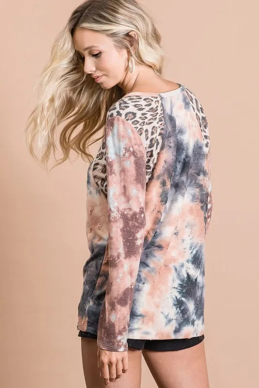 BiBi Tie Dye Distressed Knit Top with Leopard Shoulder