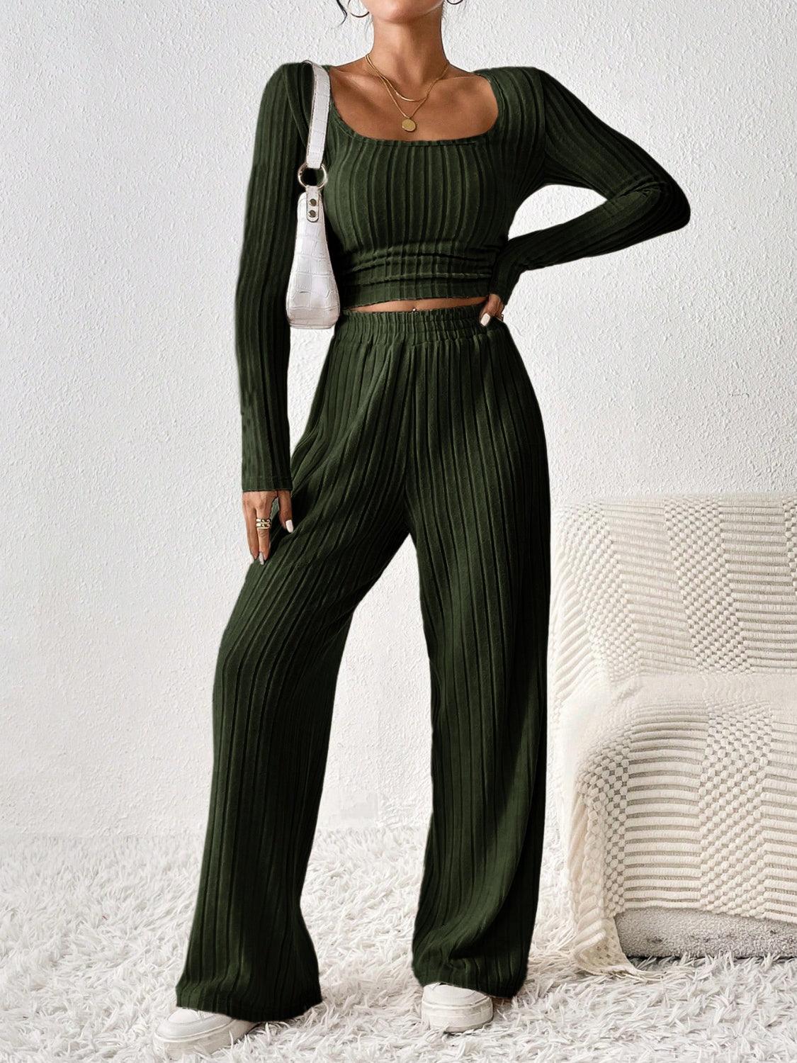 Honey Scoop Neck Long Sleeve Top and Pants Set Army Green