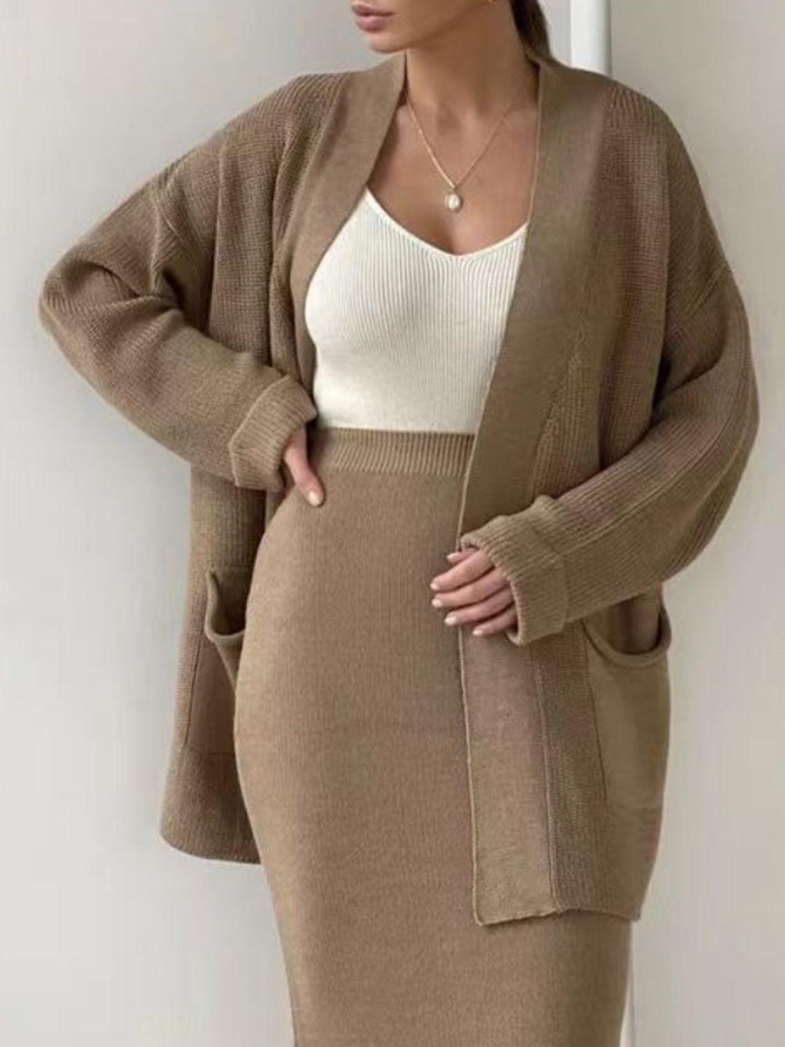 Pocketed Long Sleeve Cardigan and Skirt Sweater Set Camel One Size