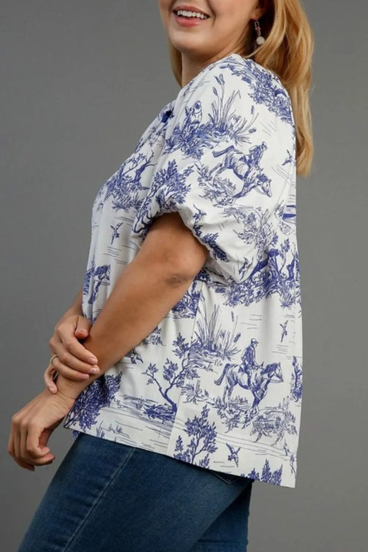 Umgee Full Size Two Tone Landscape Round Neck Print Top Plus Size