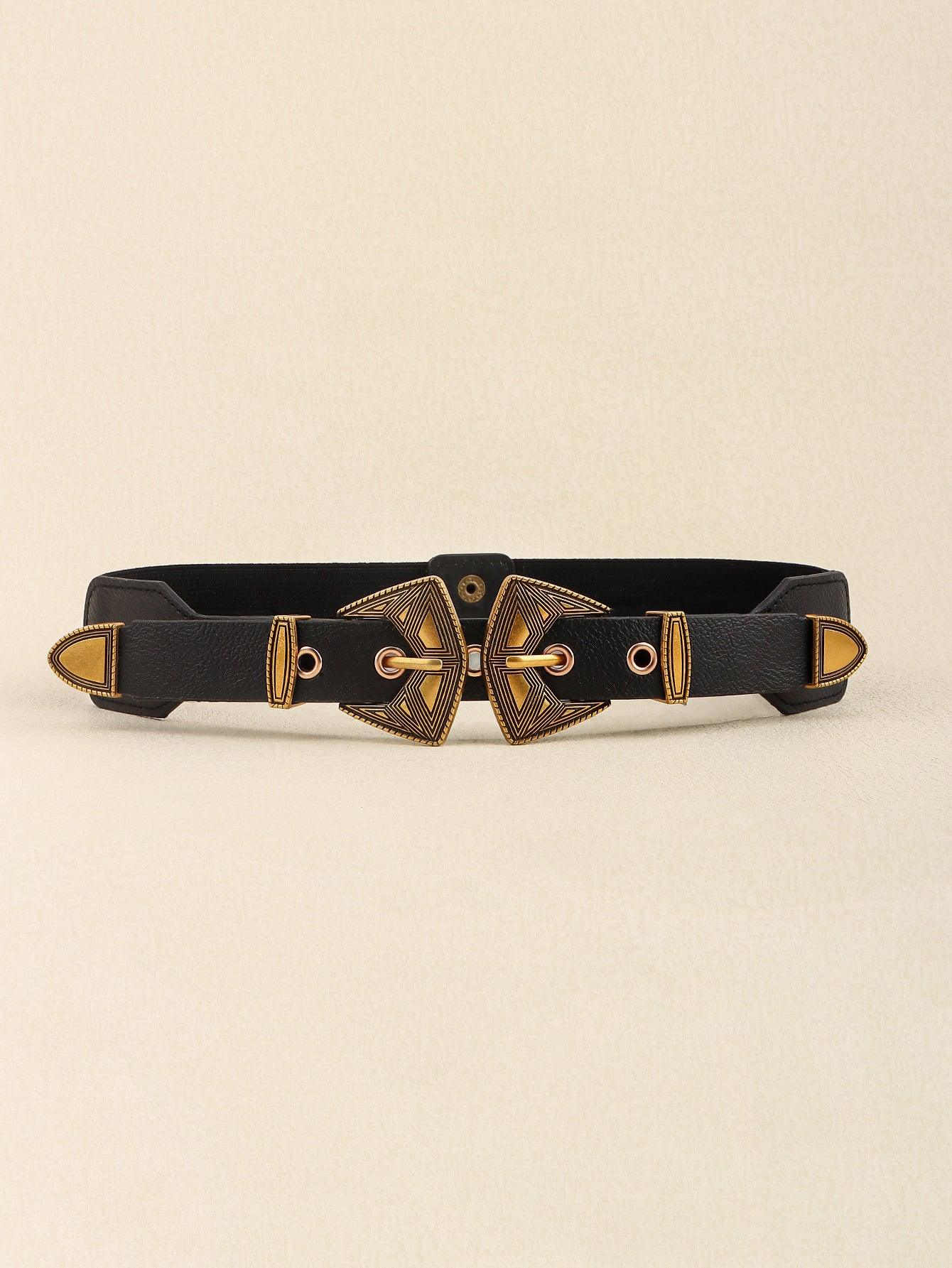 Double Buckle PU Leather Belt Gold Elasticated One Size