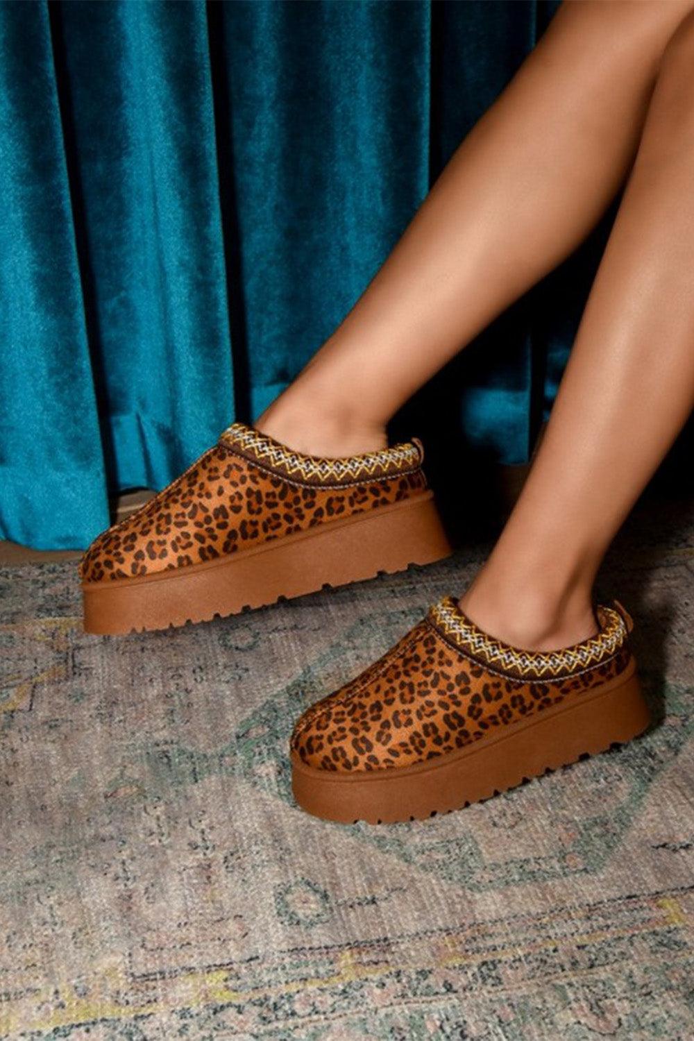WILD DIVA Embroidered Trim Round Toe Platform Boots Leopard