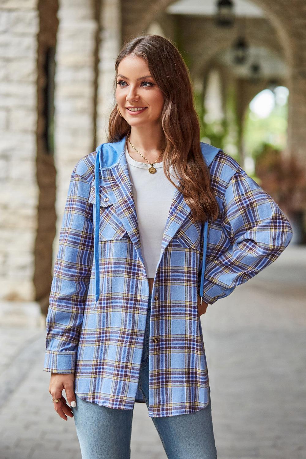 Mandy Plaid Long Sleeve Hooded Jacket Light Blue