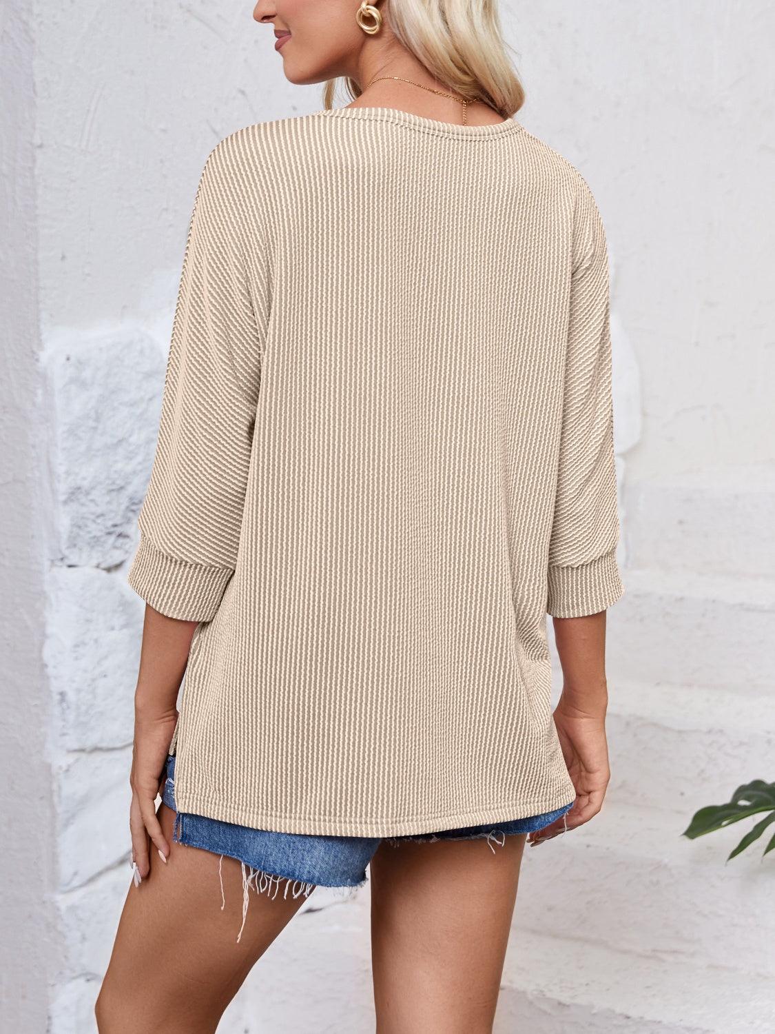 Lovelet Textured Round Neck Three-Quarter Sleeve Blouse Dust Storm
