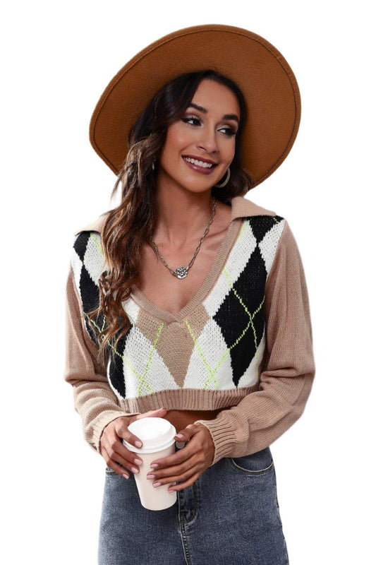 Geometric Long Sleeve Cropped Sweater