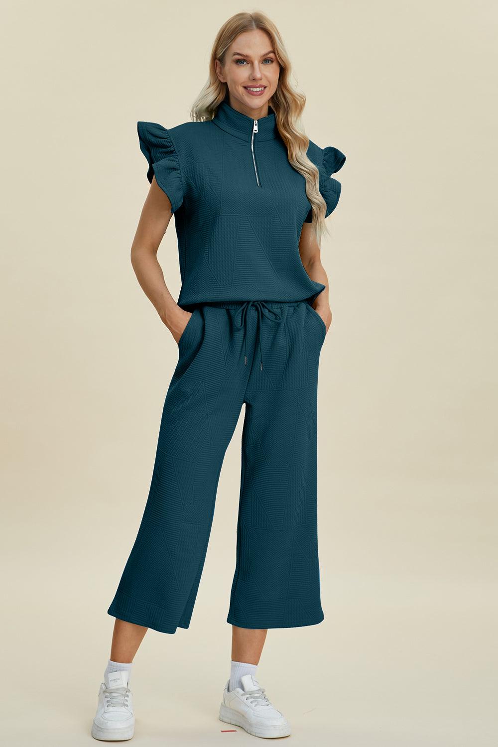 Double Take Full Size Texture Ruffle Short Sleeve Top and Wide Leg Pants Set Deep Teal