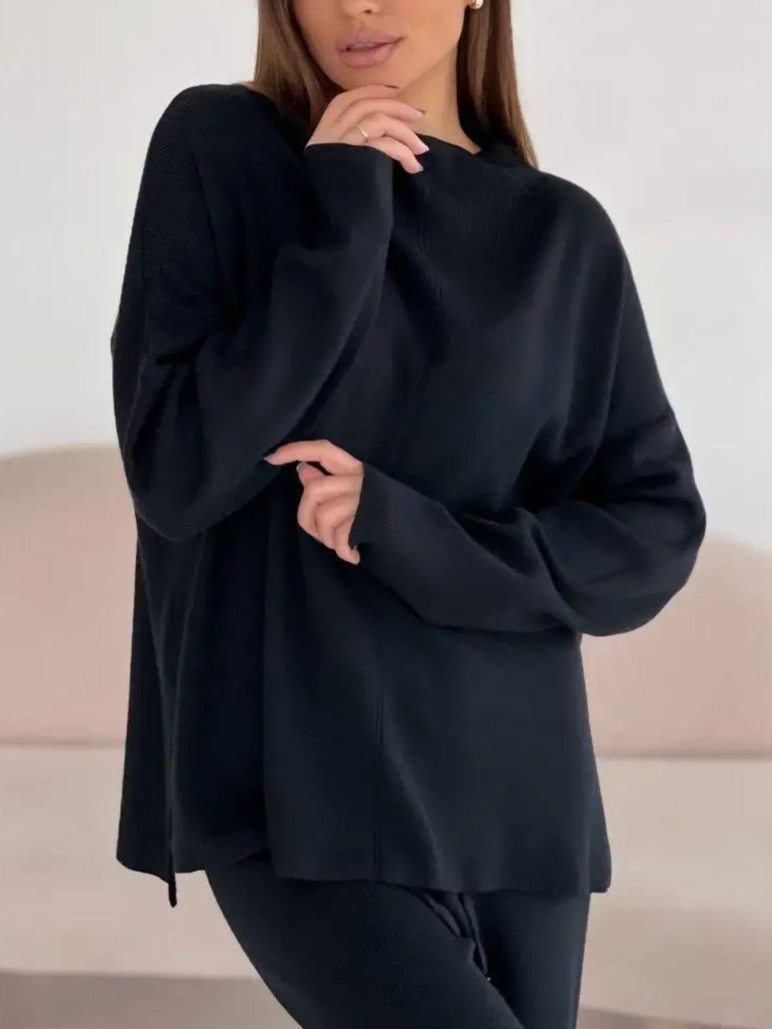 Slit Mock Neck Top and Pants Sweater Set Black