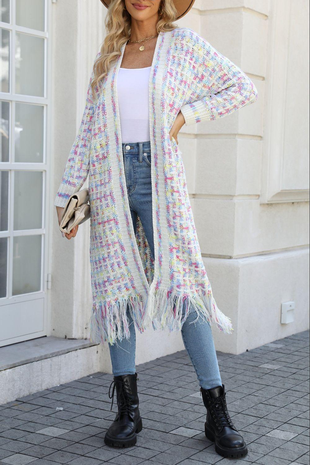 Angel Wings Full Size Multicolored Open Front Fringe Hem Cardigan Cream