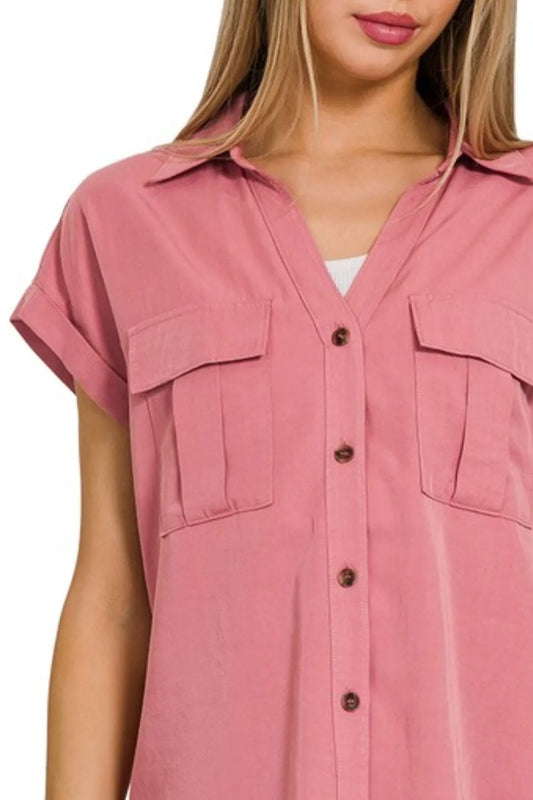 Zenana Tencel V-neck Collared Top W Front Flap Pockets