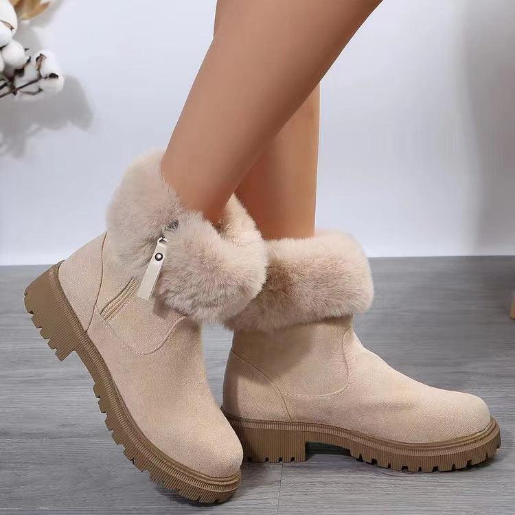 Suede Faux Fur Boots with Side Zipper Beige