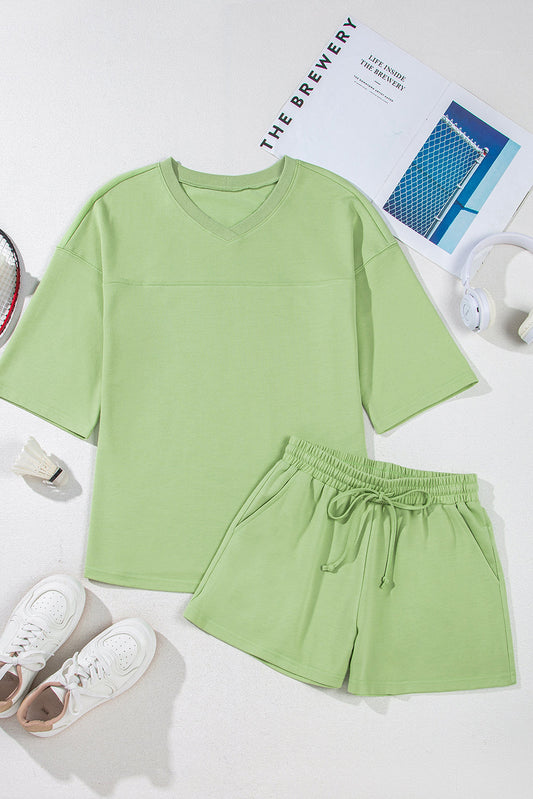 Solid Loose V-Neck Tee & Drawstring Shorts Set
