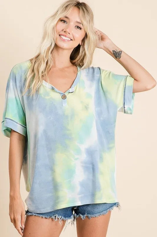 BiBi Tie Dye French Terry Top With Buttoned Placket