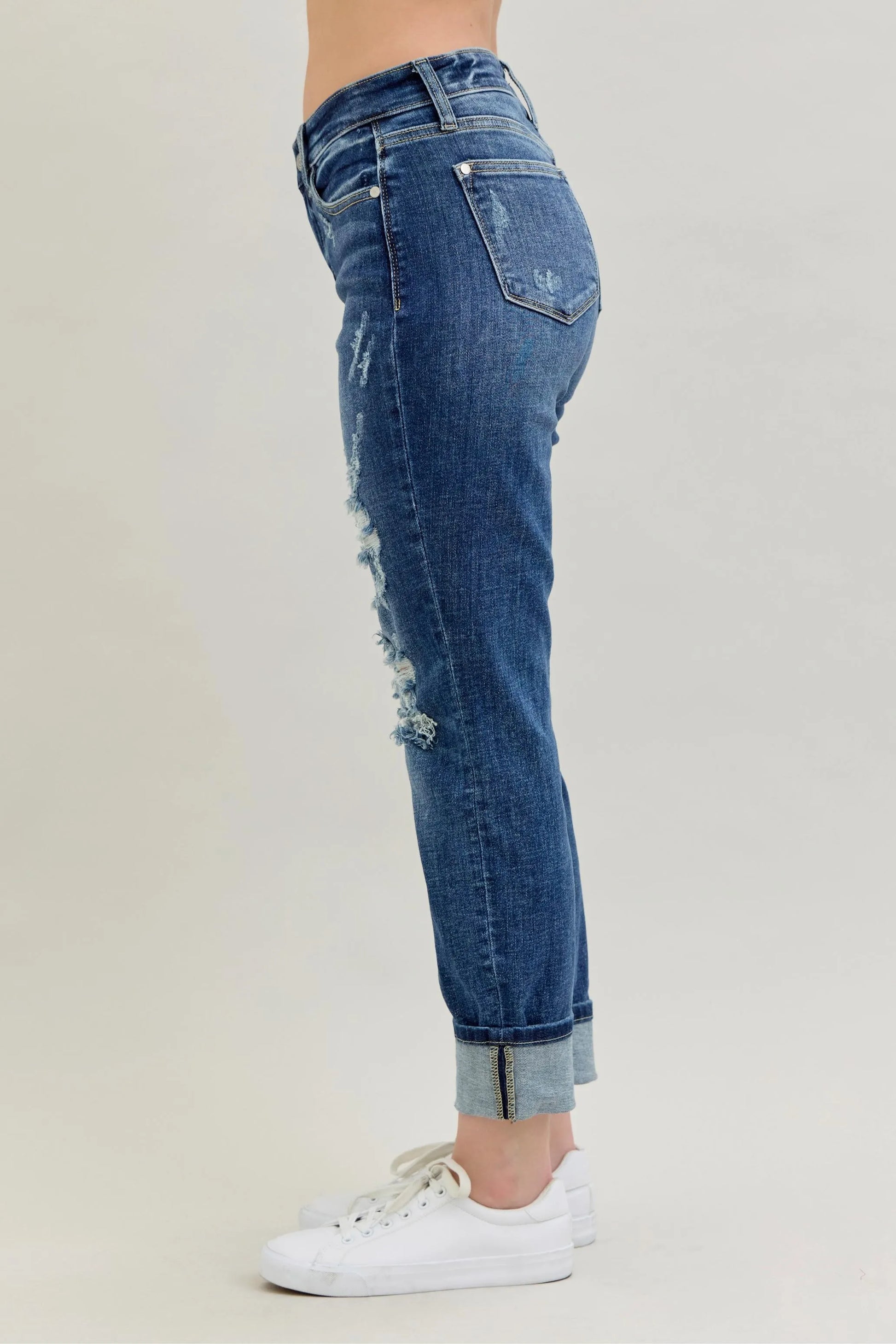 Judy Blue Full Size Mid Rise Cuffed Destroy Bf Jeans Plus Size