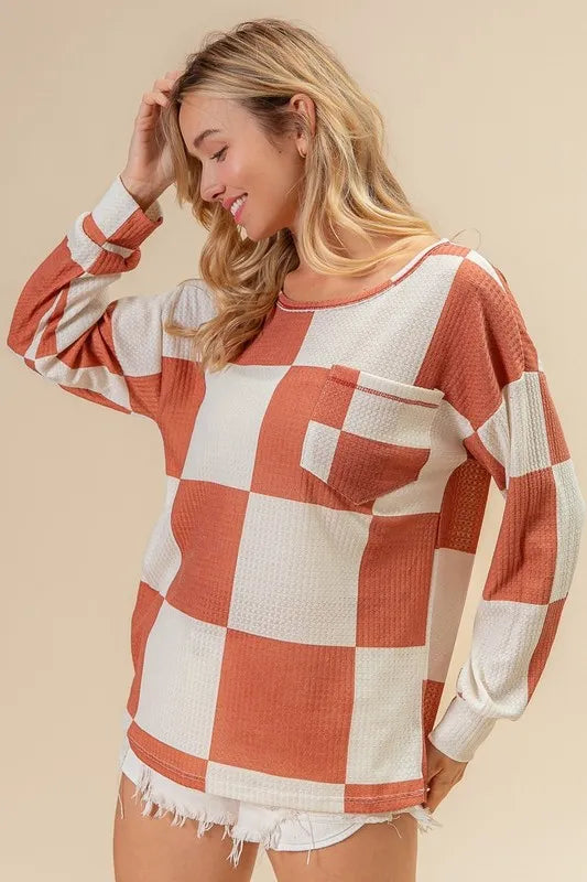 BiBi Checker Printed Hacci Top With Front Pocket
