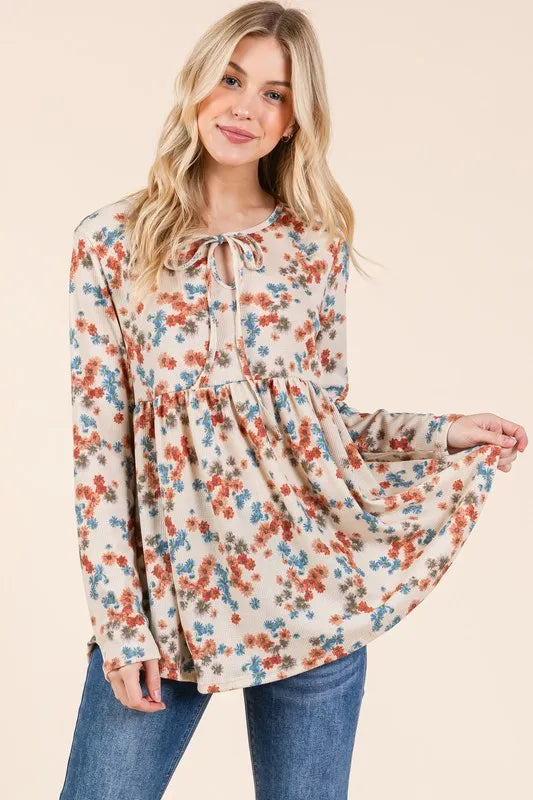 BOMBOM Floral Print Tie Neck Long Sleeve Blouse