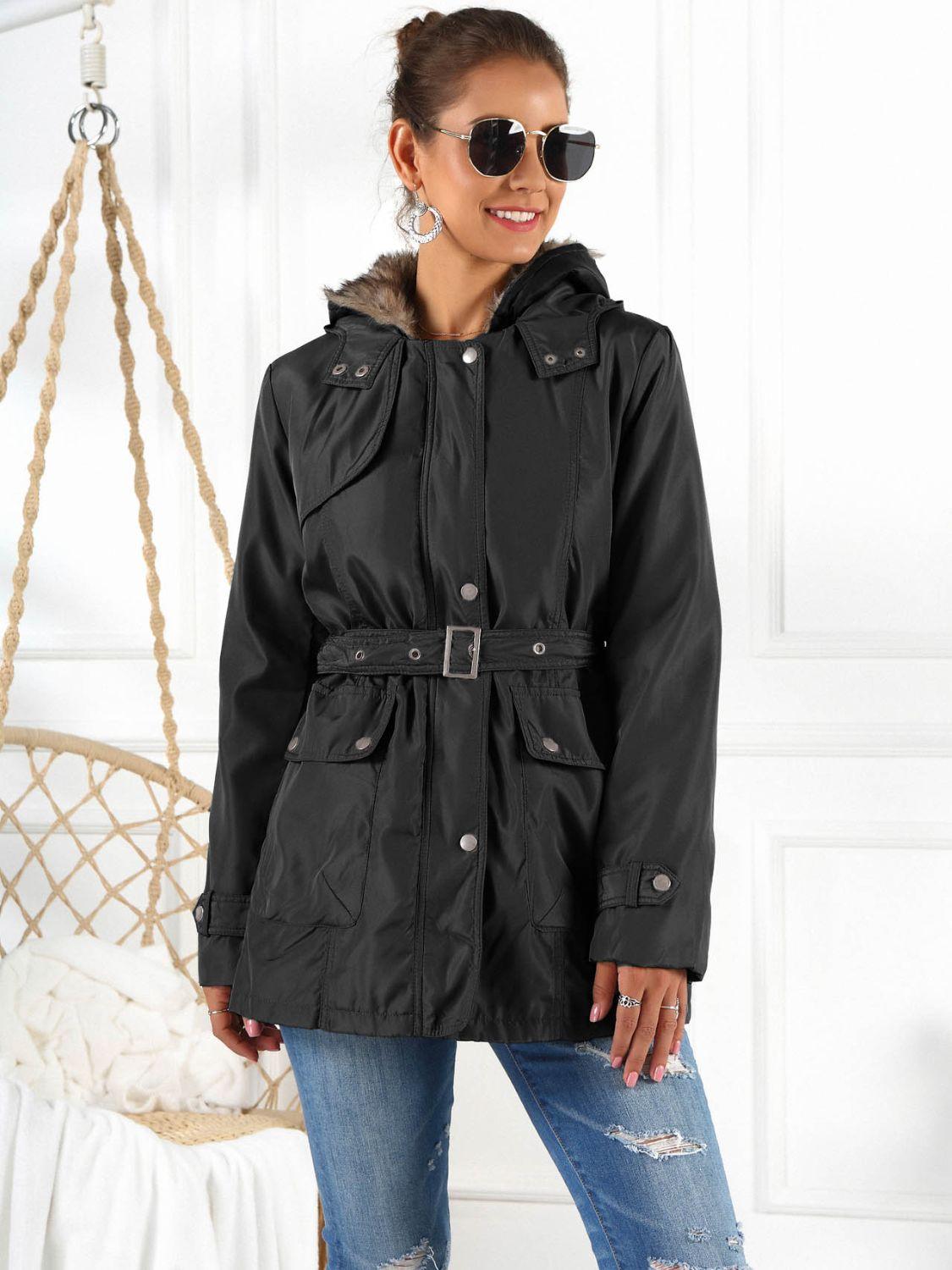 Ivy Lane Full Size Hooded Jacket with Detachable Liner (Three-Way Wear) Black
