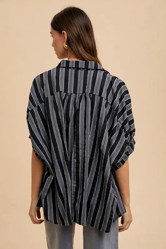 Annie Wear Oversized Drop Shoulder Striped Woven Shirt