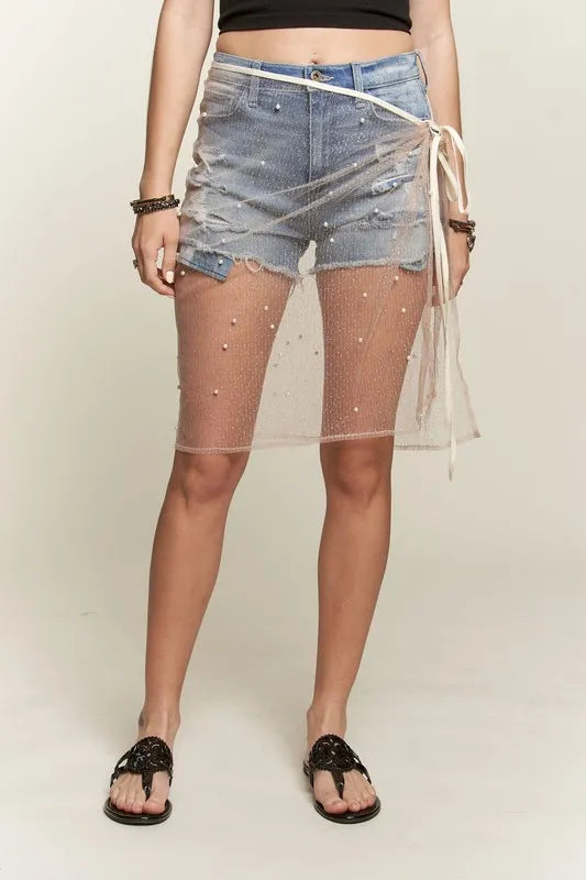 ADORA Pearl Accent Glitter Mesh Layered Cover-Up Skirt