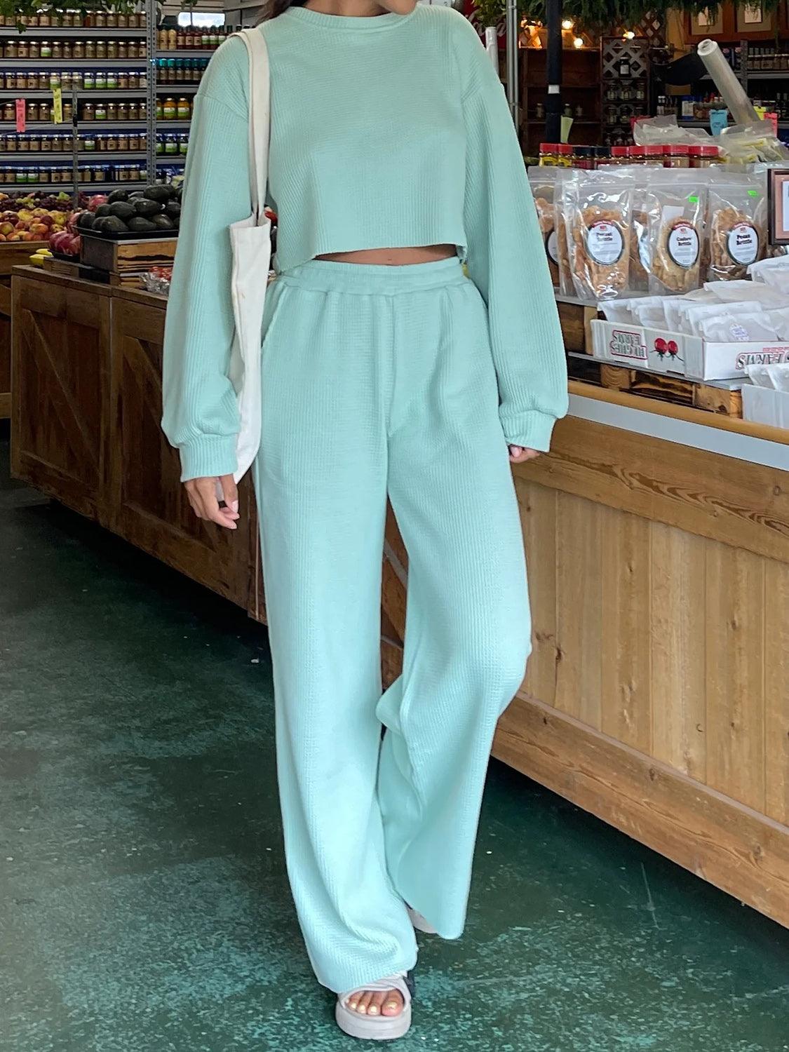 Waffle-Knit Round Neck Top and Pants Set Tiffany Blue