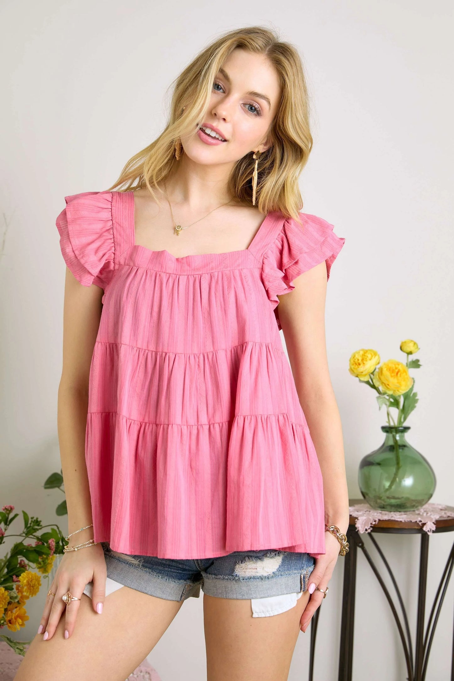 ADORA Ruffle Sleeve Babydoll Tunic Top BERRY