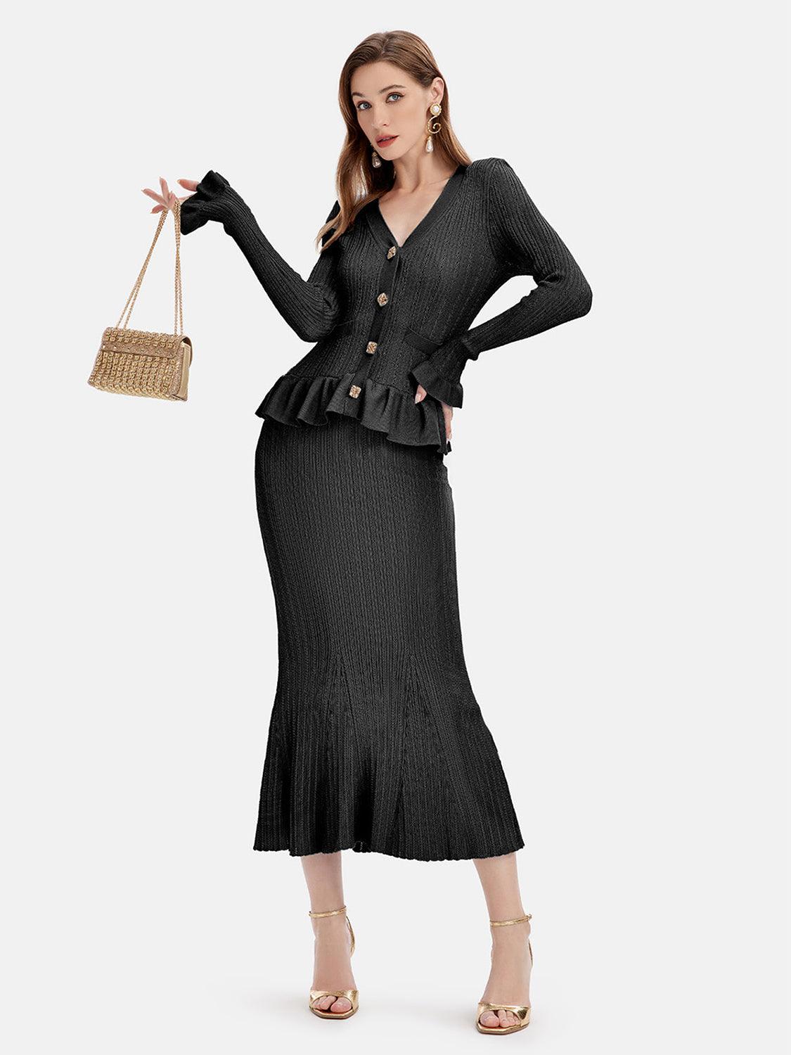Ruffled V-Neck Top and Midi Skirt Sweater Set Black One Size