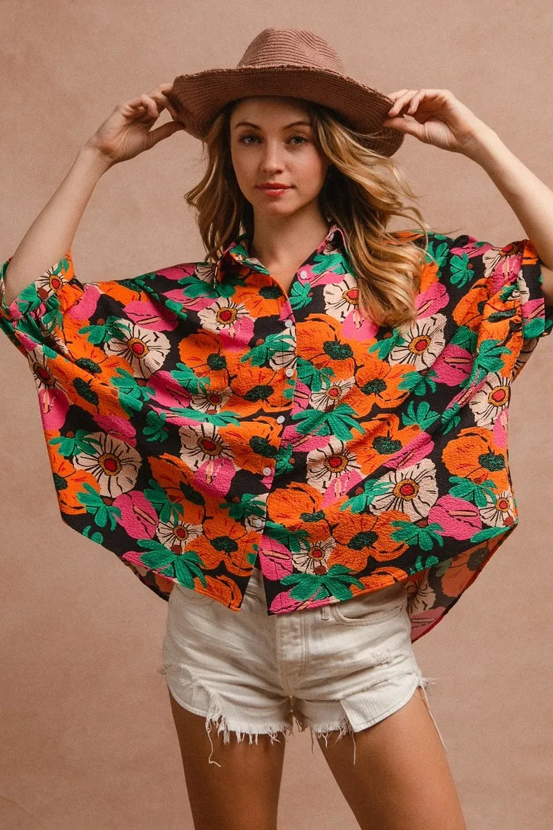 BiBi Floral Print Soft Crinkle Short Dolman Sleeves Blouse