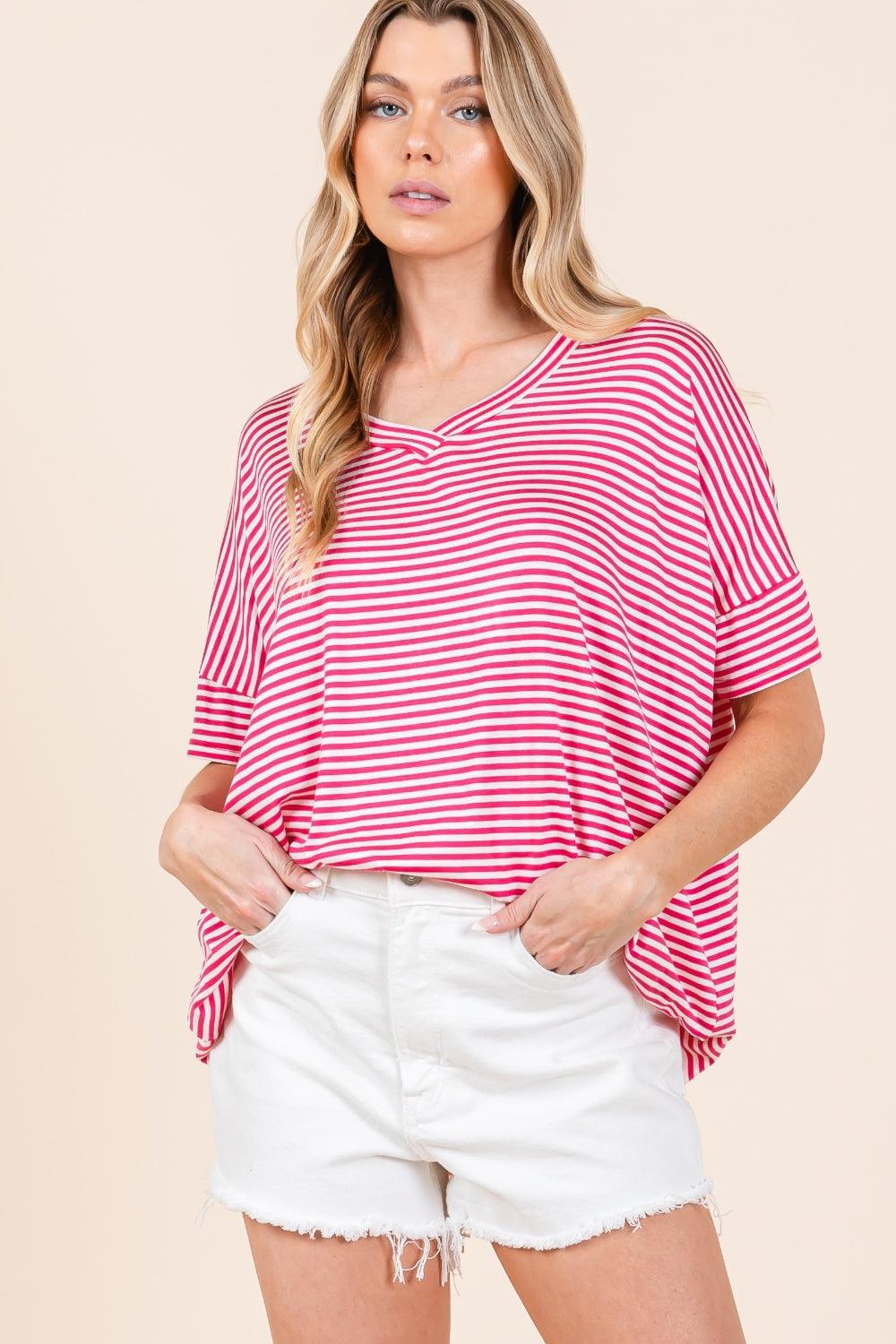 BOMBOM Striped V-Neck T-Shirt Fuchsia