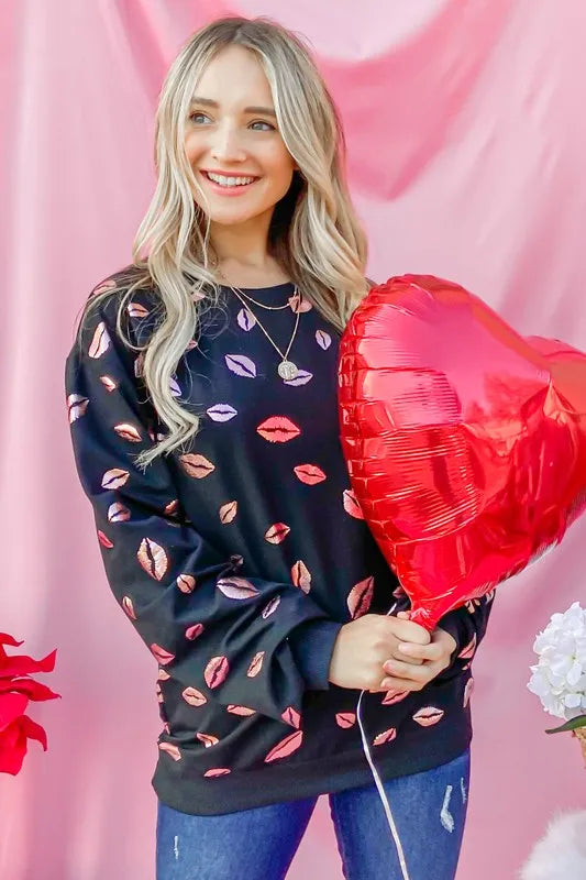 And The Why Kiss Pink Foil Allover Print Pullover Sweatshirts BLACK