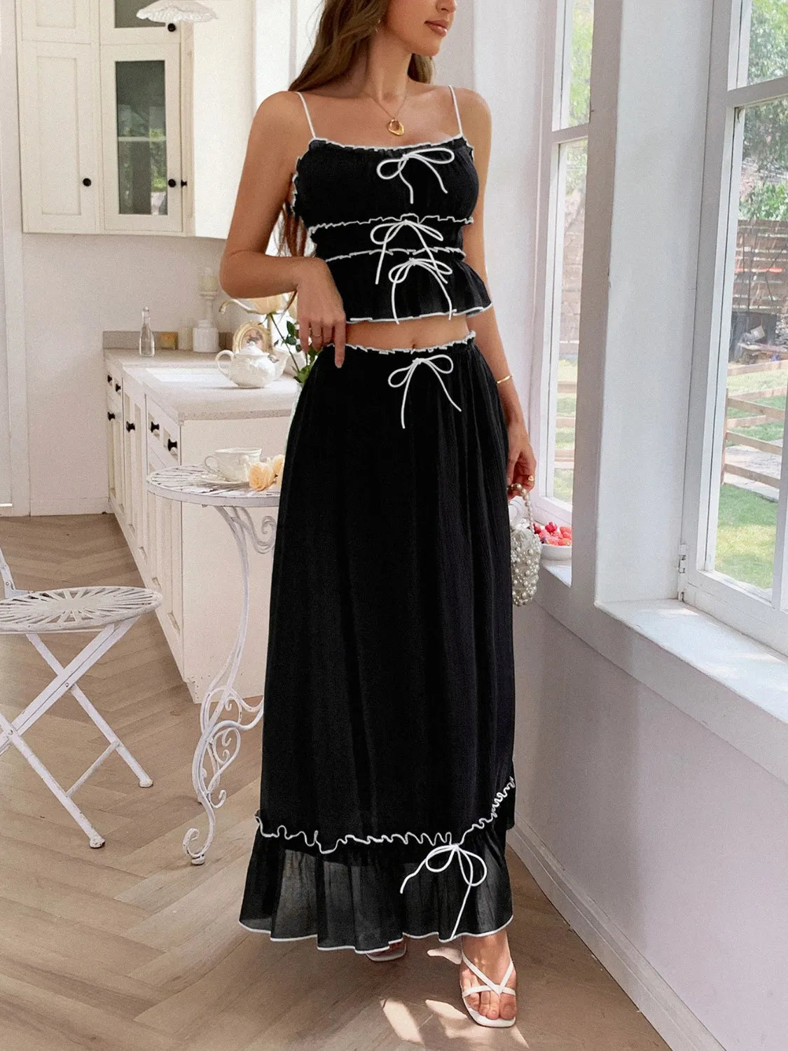 Frill Square Neck Cami and Skirt Set
