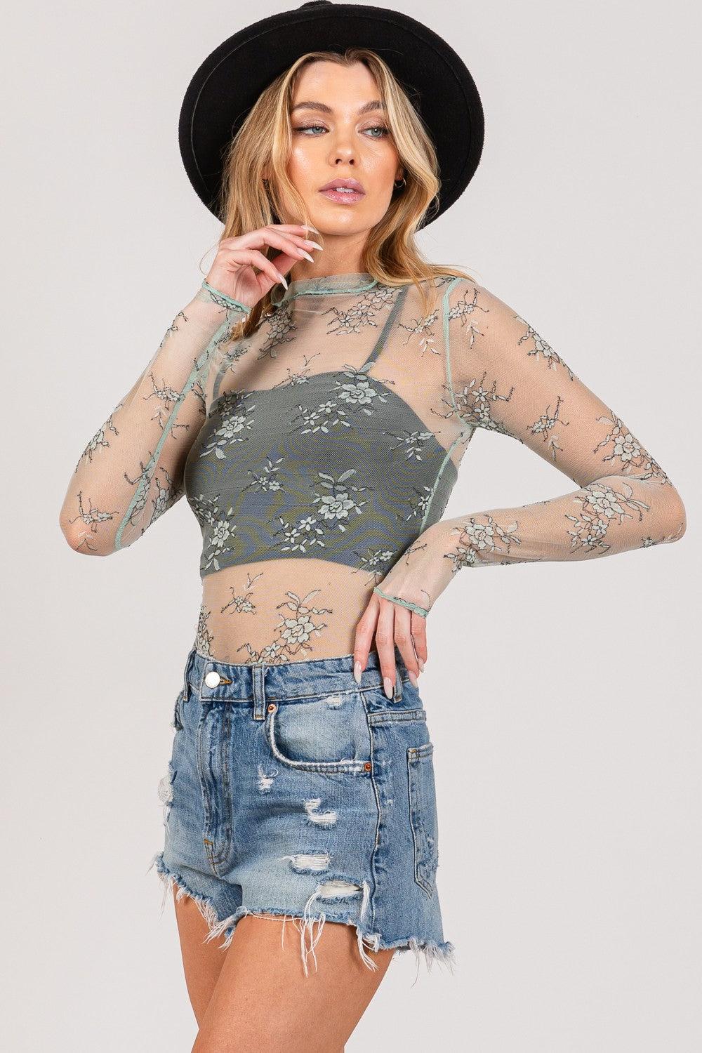 SAGE + FIG Mesh Long Sleeve Sheer Floral Embroidery Top