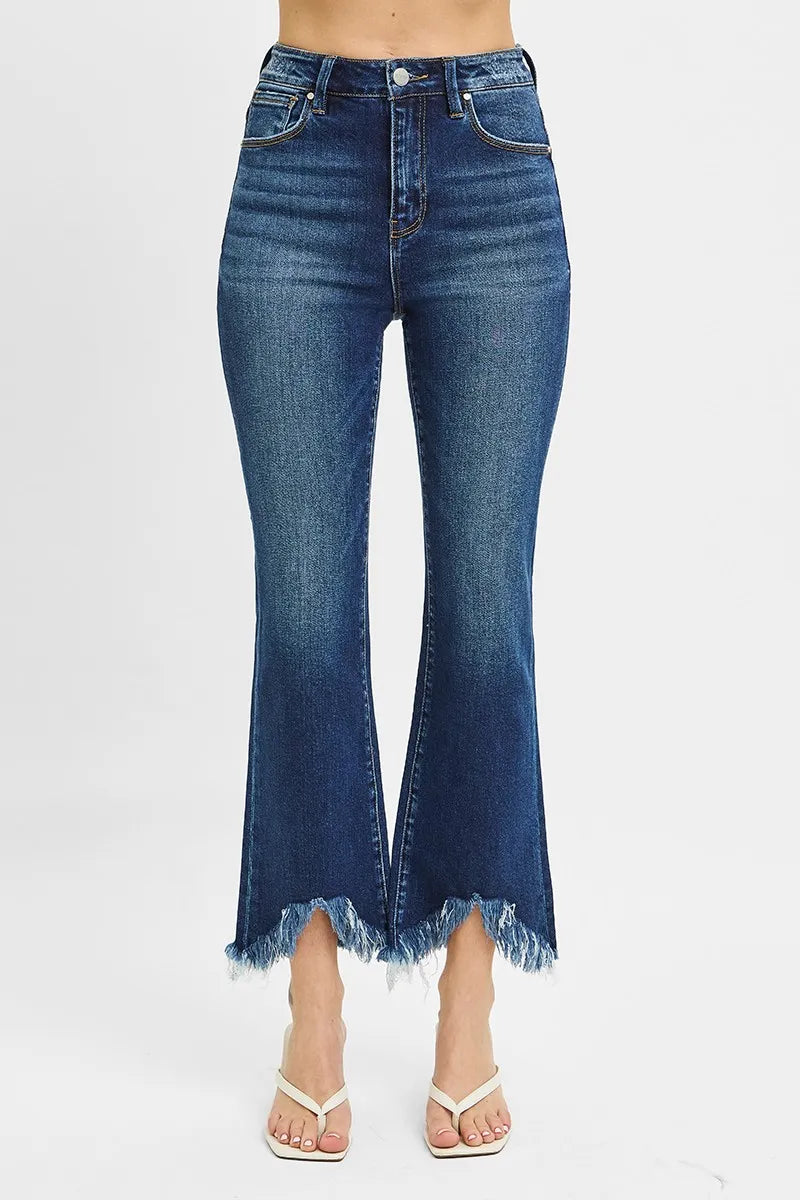 RISEN Full Size High Rise Crop Bootcut Fray Hem Jeans Plus Size Dark