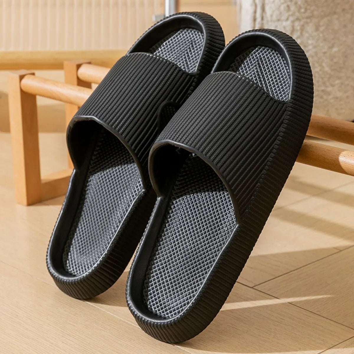 Open Toe Platform Slippers Black