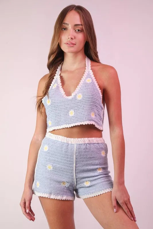 VERY J Floral Crochet Top and Shorts Set Sky