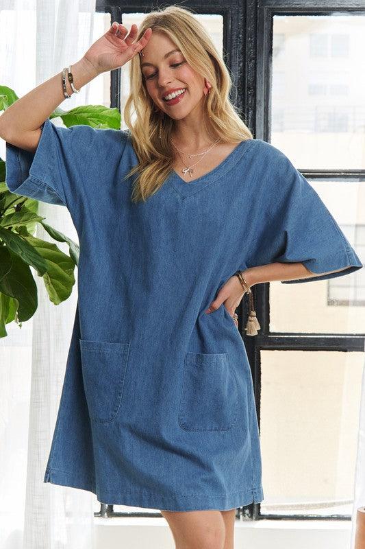ADORA V-Neck Half Sleeve Mini Denim Dress Peacock Blue