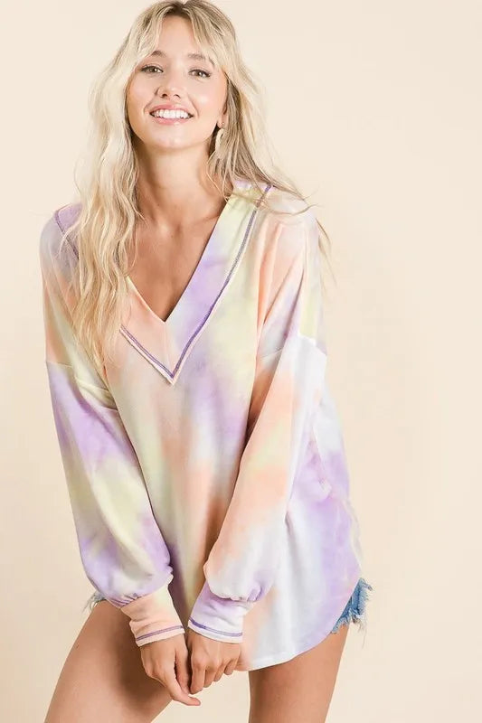 BiBi Tie Dye French Terry V-Neck Top with Puff Sleeves