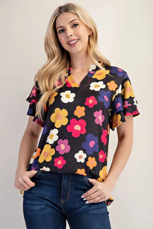 Celeste Bold Floral Ruffle Sleeve Top BLACK FLORAL