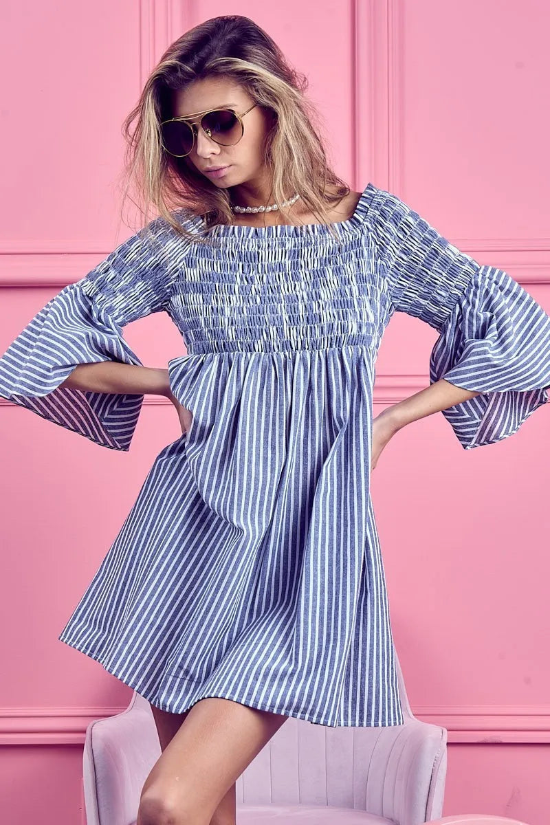 BiBi Smocked Off Shoulder Striped Dress